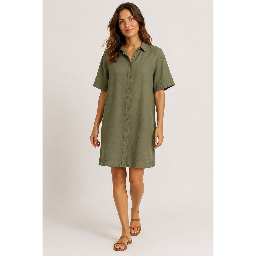 H&M Linen Blend Shirt Dress Olive Green Button Front Short Sleeve Women’s M
